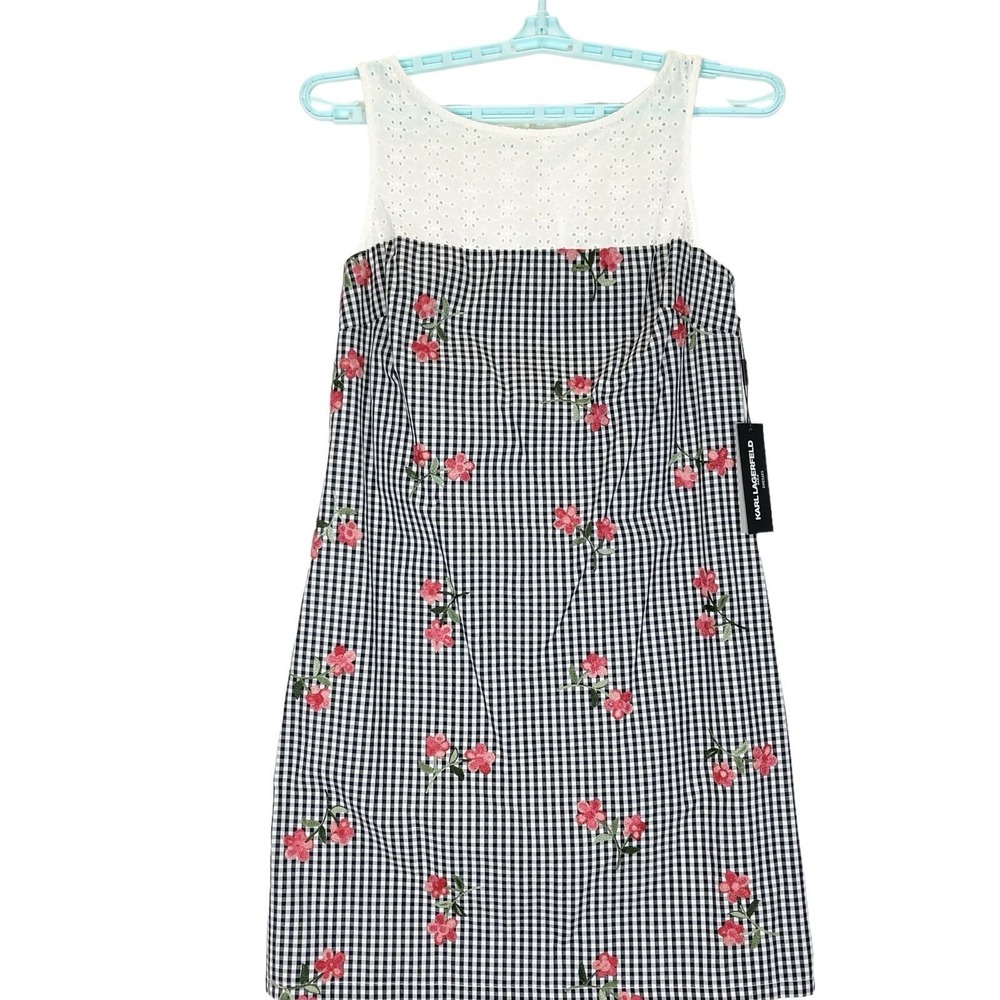 Karl Lagerfeld Black Gingham Floral Embroidered Eyelet Lace Trim Dress Sz 10 NWT